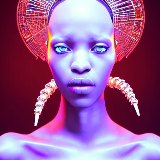 Prompt: portrait of an absurdly beautiful, graceful, sophisticated, fashionable african cyberpunk mechanoid gravure idol, hyperdetailed illustration by irakli nadar, adut akech, matt wisniewski style, intricate linework, white porcelain skin, jellyfish headdress, crystal ruff, unreal engine 5 highly rendered, global illumination, red light, detailed and intricate environment