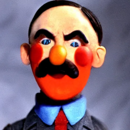 Image similar to claymation shot of Adolf Hitler is a clown