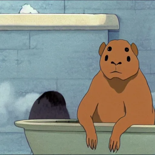 Image similar to a capybara sitting in a steaming bathtub in the animated movie spirited away by hayao miyazaki!!!!, studio ghibli, animated movie, anime, beautiful