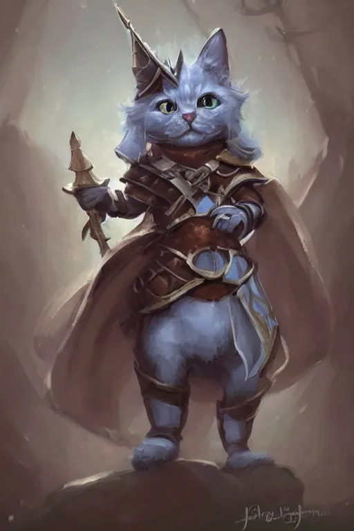 Image similar to cute little anthropomorphic cat knight wearing a cape and a crown, tiny, small, miniature cat , baby animal, short, pale blue armor, cute and adorable, pretty, beautiful, DnD character art portrait, matte fantasy painting, DeviantArt Artstation, by Jason Felix by Steve Argyle by Tyler Jacobson by Peter Mohrbacher, cinematic lighting