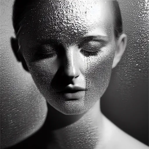 Prompt: fully clothed shimmering, glistening beauteous full face emerging from a reflecting pool, white pearlescent, chrome, iridescent titanium, crystal, liquid, by lee jeffries, erik johansson, cinematic forest lighting, crystalline masterpiece incrustations, hyperdetailed metalwork, in volumetric soft glowing mist, elegant pose, movie still,