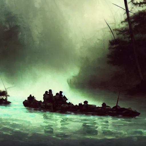 Image similar to jungle river army patrol boat tail of a crashed plane in the water, moody ambience, fog, smoke, dramatic, painting by mullins, repin, mucha, zorn, 4 k, trending on artstation
