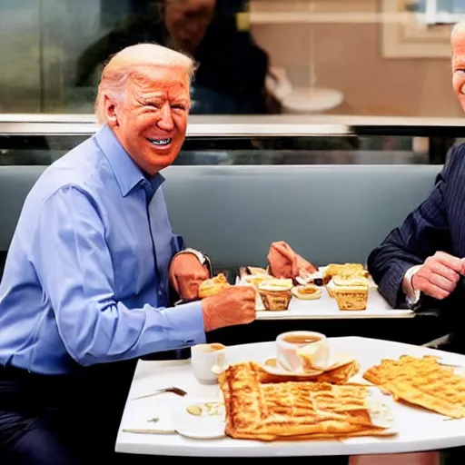 Image similar to photograph of trump and Biden sitting and eating breakfast at a Wafflehouse