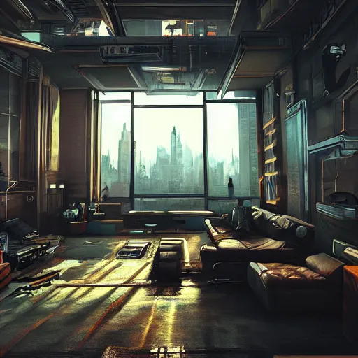 Image similar to cyberpunk, living room interior, windows, light rays, buildings, dystoptian, gorgeous view, no person, depth, game by Lucas Arts, clouds, tending on artstation