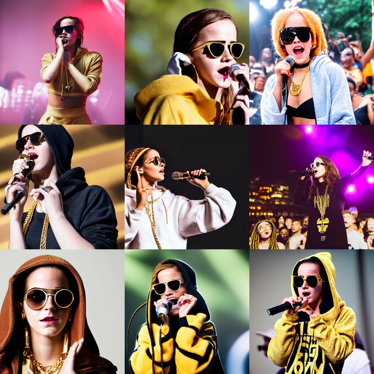 Prompt: dlsr photography f/1.4 80mm bokeh full body Emma Watson singing on rap concert stage wearing designer hoodie as doja cat as cardi b wearing gold chain and sunglasses and gold hoop earrings by Todd Owyoung