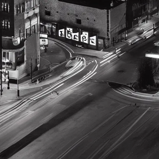 Image similar to A stunningly beautiful award-winning 8K high angle cinematic movie photograph of a foggy main intersection in an quiet 1950s small town at night, by Edward Hopper and David Fincher and Darius Khonji, cinematic lighting, perfect composition, moody low key volumetric light. Color palette from Seven. Shot from high, 3 point perspective