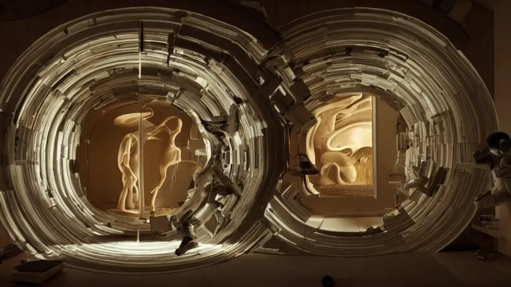 Image similar to an mri image open mri exposed uncovered machine portal in the living room, film still from the movie directed by denis villeneuve with art direction by salvador dali, wide lens