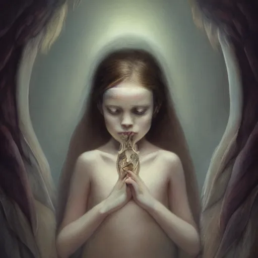 Image similar to a little girl looking at her adult reflection in the mirror, in the style of peter mohrbacher by weta digital and beth cavener, high face symmetry, intricate, masterpiece, award winning, high face symmetry, intricate