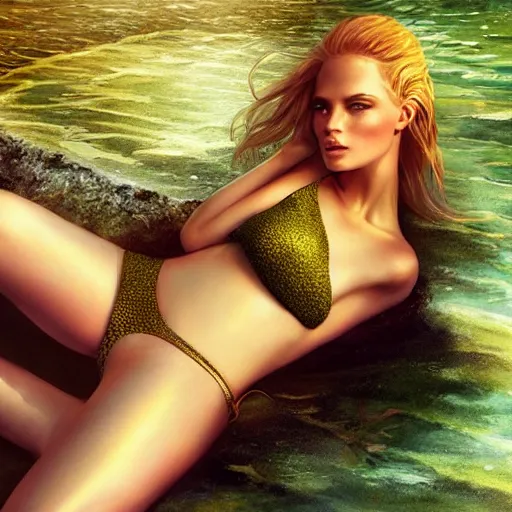 Image similar to beautiful lady klaudia with long gold hair wearing shiny green bikini, sunbathing on a beach of paradise, intricate, elegant, digital painting, soft, focus, edge light, charlie bowater, tom bagshaw, greg rutkowski