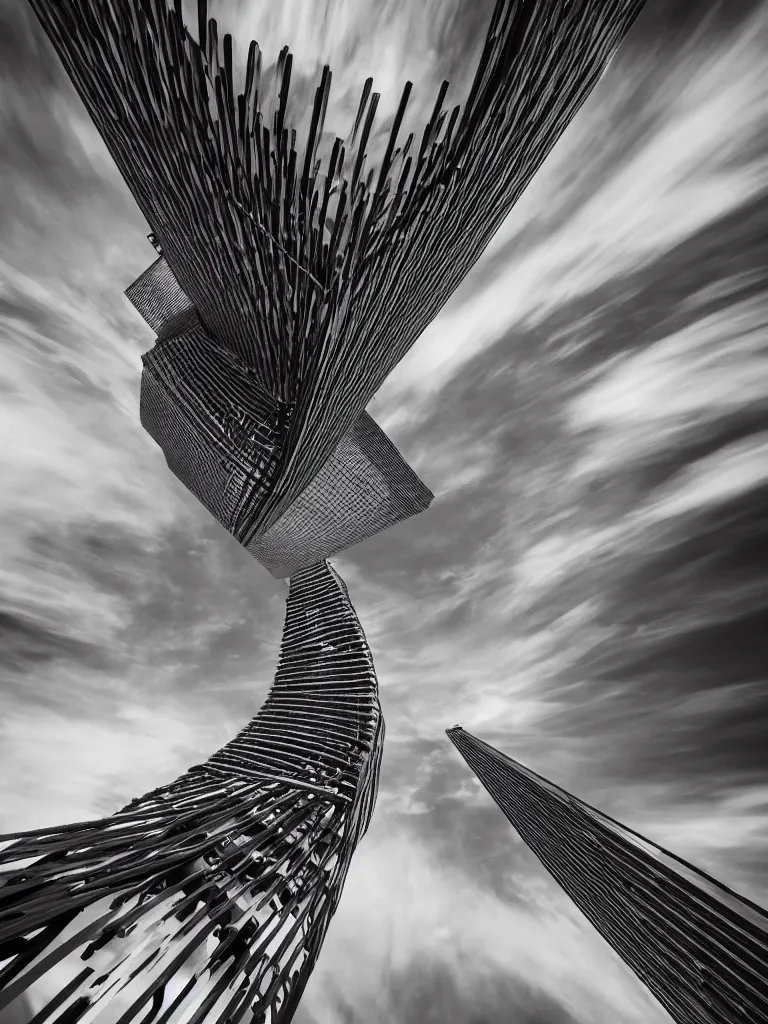 Prompt: a black and white wide-angle long exposure photograph of a twisting skyscraper and cloudy sky, fine art photography