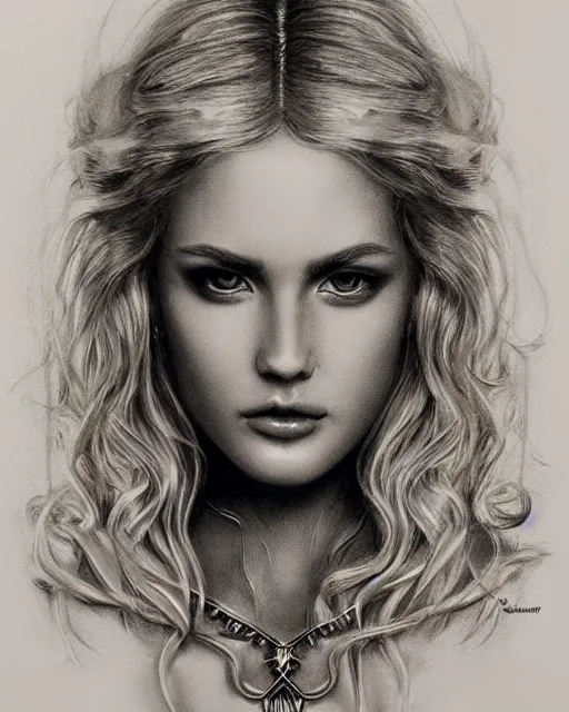 Image similar to pencil drawing of a beautiful greek goddess aphrodite with arrowhead jewelry, beautiful piercing eyes, beautiful blonde hair, hyper realistic face, in the style of greg rutkowski, fantasy, amazing detail, epic, elegant, smooth, sharp focus, from the front