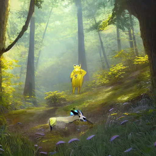 Image similar to concept art painting of an anthropomorphic doe wearing yellow robes, in the deep forest, realistic, detailed, cel shaded, in the style of makoto shinkai and greg rutkowski and james gurney