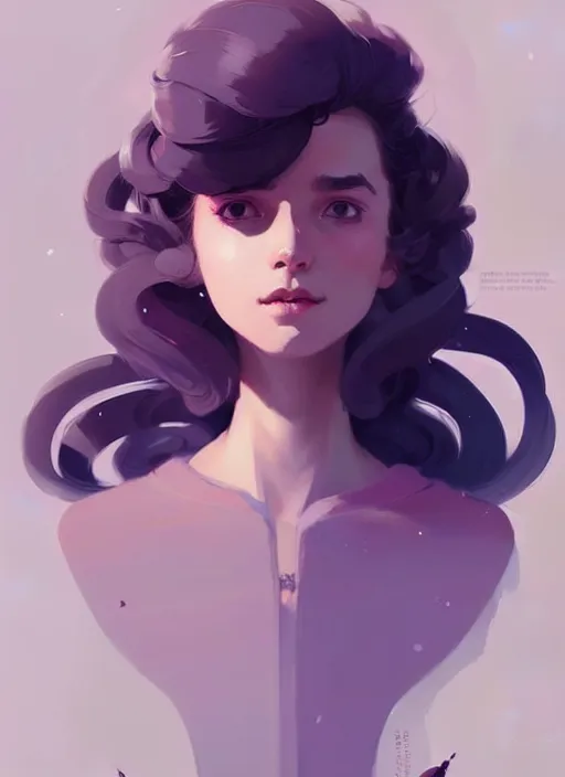 Image similar to highly detailed portrait of an androginous person, soft background, ringlet hair by atey ghailan, by greg rutkowski, by greg tocchini, by james gilleard, by joe fenton, by kaethe butcher, gradient violet, black, cream and white color scheme, trending in pinterest, award winning details