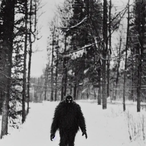 Image similar to a picture of bigfoot wearing a black and white striped ski mask and walking towards a store, taken on a WW2 camera.