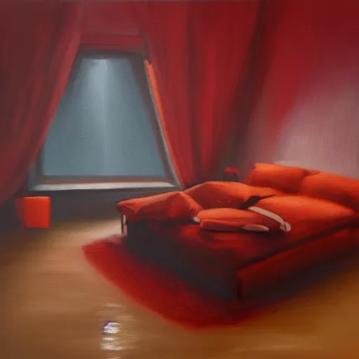 Prompt: a guy is laying inside his comfortable bed at night time and is staring at his dark bedroom ceiling, because its the only thing that understands his feelings and wont leave him, meanwhile its raining outside and the room is in dark red colors, 8k, high detailed oilpainting