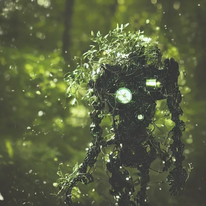 Image similar to overgrown foliage taking over a robot body on the ground, close - up, 3 5 mm, f 1. 8, bokeh, beautiful, lens flare, emotional, sweet, flowers, detailed, picture, trending on artstation, award - winning, shiny, golden