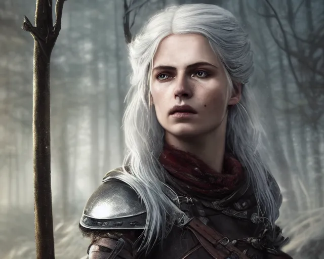 Image similar to 5 5 mm portrait photo of a real life tough looking freya allen as ciri in brown leather armor with silver hair and a large scar along her left cheek, in a magical forest. dark atmosphere. art by greg rutkowski. highly detailed 8 k. intricate. lifelike. soft light. nikon d 8 5 0.