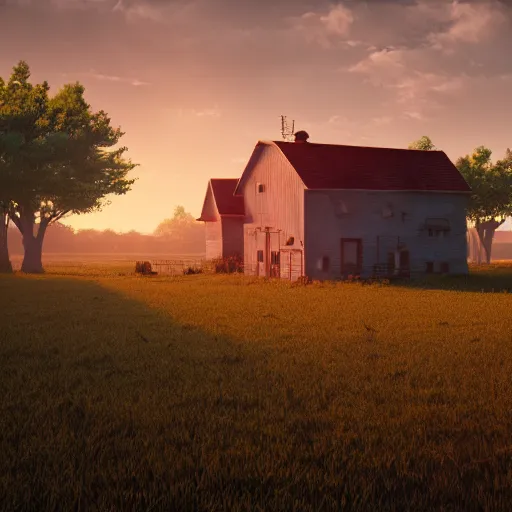 Image similar to country farm in the future, the image is like beautiful dream, 4k post-processing highly detailed, art station, unreal engine + cinematography by Wes Anderson, Wide angle shot, futuristic, volumetric light, Fuji film, intricate detail, hyperreal, hyperrealistic, 4K, Octane render, unreal engine cinematic, sublime atmosphere,