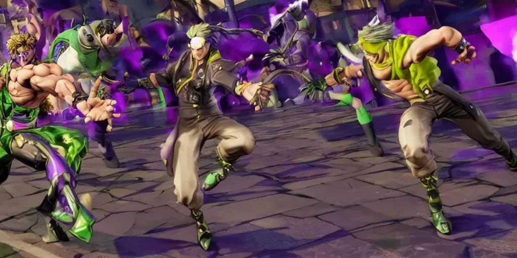 Image similar to jojo's bizarre adventure, video game cutscene, unreal engine 5, render, ray tracing