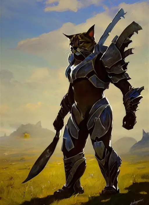 Prompt: Greg Manchess painting of a Cat Charr from Guild Wars 2 wearing Forerunner Armor from Halo, countryside, calm, fantasy character portrait, dynamic pose, above view, sunny day, artwork by Jeremy Lipkin and Giuseppe Dangelico Pino and Michael Garmash and Rob Rey, very coherent asymmetrical artwork, sharp edges, perfect face, simple form, 100mm