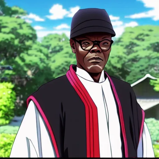 Image similar to samuel l jackson wearing a japanese maid dress, 4 k, anime style