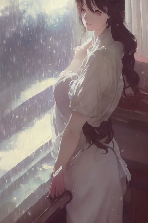 Prompt: a girl in a maid's outfit in the bedroom a night, raining outside the window, wavy white long hair, by krenz cushart and mucha and akihito yoshida and greg rutkowski and makoto shinkai, detailed eyes, 4 k resolution