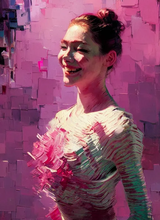 Image similar to portrait of a beautiful girl, smiling, ecstatic, eyes closed, open mouth, shades of pink, beautiful face, rule of thirds, intricate outfit, spotlight, by greg rutkowski, by jeremy mann, by francoise nielly, by van gogh, digital painting