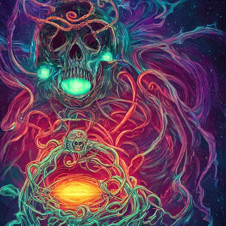 Image similar to a centered giant skull with intricate rune carvings and glowing eyes with thick lovecraftian tentacles emerging from a space nebula by dan mumford, symmetry, twirling smoke trail, a twisting vortex of dying galaxies, digital art, vivid colors, highly detailed