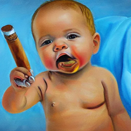 Prompt: ultra detailed painting of a baby holding a cigar