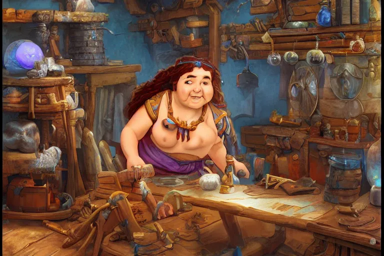 Prompt: a chubby and short stocky female dwarven artificer in her workshop in the dwarven kingdom, she is inspecting a blue gemstone | dungeons and dragons | Larry emore, jeff easley | hyperdetailed | 8k | fantasy art |