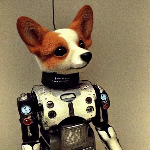 Image similar to a cute happy corgi robot by alfred stevens, detailed, intricate, cyberpunk, cinematic, breathtaking