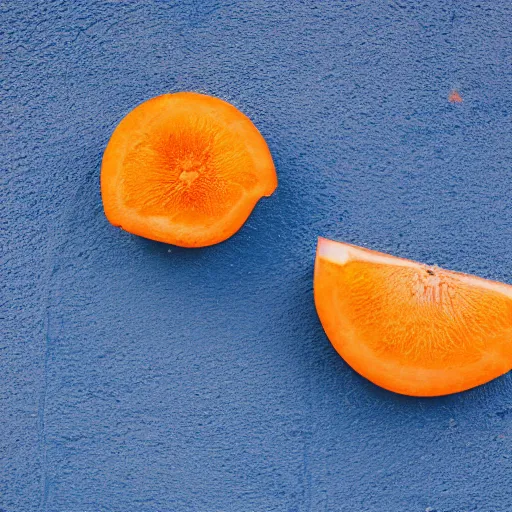 Image similar to A blue orange sliced in half laying on a blue floor in front of a blue wall