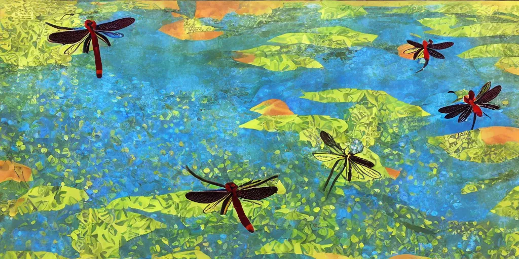 Prompt: dragonflies darting above a peaceful stream. hand - painted collage cut paper. by eric carle