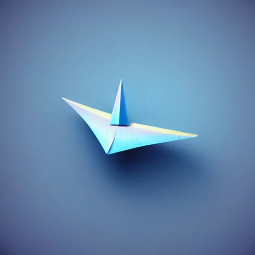 Prompt: icon of paper plane in light blue metallic iridescent material, 3D render isometric perspective on dark background