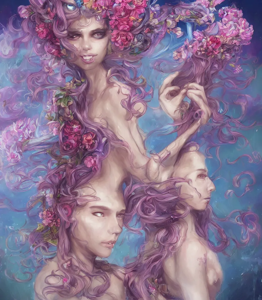 Image similar to a colorful and provenance portrait painting of the fantasy female who with floral wing, highly detailed, her hair made of hair made of air wind and curling smoke and genie, spirit fantasy concept art, art by the wings made of flowers, spirit fantasy concept art, art by aenami, alena, afshar, petros and leonid, trending on artstation.