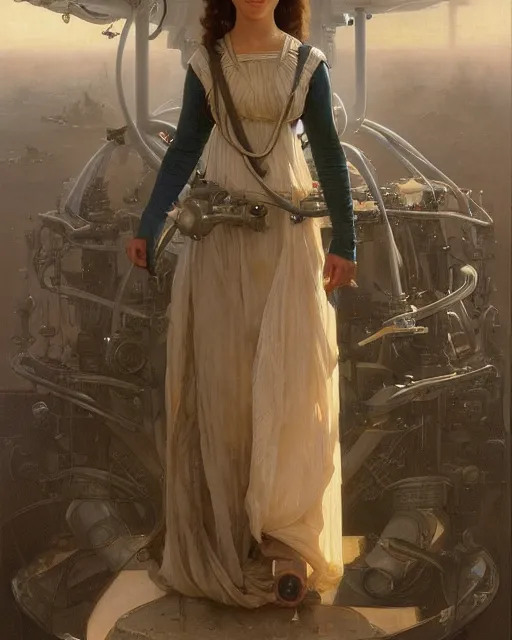 Image similar to a realistic oil painting of a girl resembling alicia vikander or millie bobby brown in a futuristic mechanical spaceship engine, highly detailed, intricate, artstation, by donato giancola and william adolphe bouguereau
