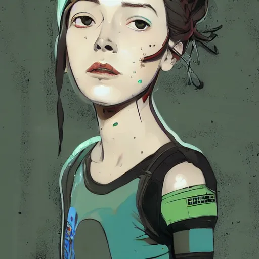 Prompt: Highly detailed portrait of a post-cyberpunk young lady with, freckles and beautiful hair by Atey Ghailan, by Loish, by Bryan Lee O'Malley, by Cliff Chiang, inspired by image comics, inspired by graphic novel cover art, inspired by nier, inspired by scott pilgrim !! Gradient green, black and white color scheme ((grafitti tag brick wall background)), trending on artstation