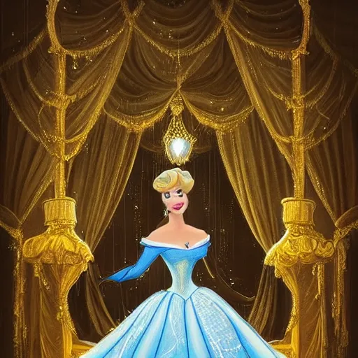 Image similar to cinderella dressed in the world's most beautiful yellow ballgown stands gracefully in the middle of a magical ballroom of a fairytale castle, spotlight on her. highly detailed fantasy art, magical realism, disney. dreamy.