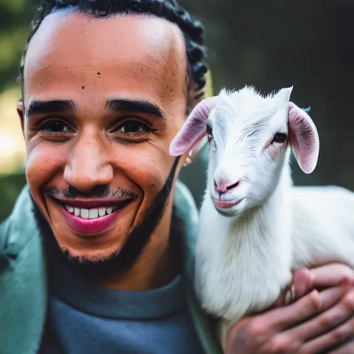 Image similar to lewis hamilton holding a baby goat, ( sony a 7 r iv, symmetric balance, polarizing filter, photolab, lightroom, 4 k, dolby vision, photography awardm, voque, perfect face )