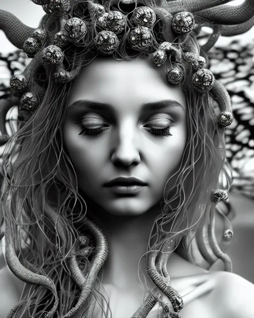 Image similar to mythical dreamy underwater artistic black and white 3 d render of a translucent beautiful young female angelic - medusa - vegetal - doll, highly detailed, intricate crystal ivy jelly ornate, poetic, translucent algae ornate, digital art, octane render, 8 k artistic photography, photo - realistic, hg giger flora borsi