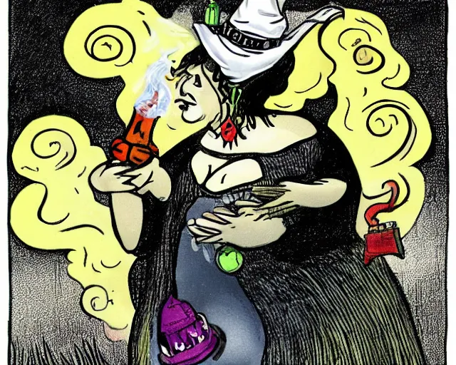 Image similar to fat witch smokin bong. the witch is smoking a bong. the witch smells really bad. the stinky witch needs a shower.