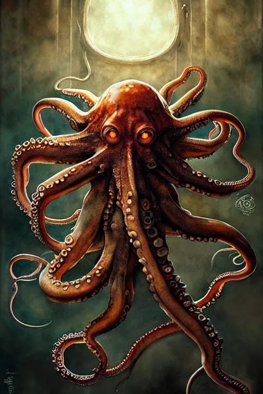 Image similar to octopus spider hybrid | esoteric symbolism | jean - baptiste monge, esao andrews, bastien lecouffe - deharme, tim jacobus, ken currie | ultra - detailed realism, soft cinematic lighting, hi - fructose, artstation, high - quality, ink watercolors wes anderson poster art