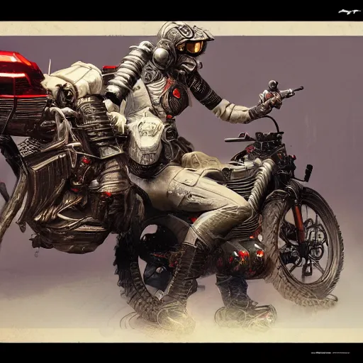 Image similar to extremely detailed realistic render of a cyberpunk samurai riding a motorcycle by James Jean, carig mullins and Syd mead perspective shot ArtStation, CGSociety