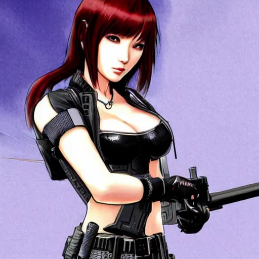 Prompt: concept art illustration of a beautiful young japanese christina hendricks natalie portman as lara croft motoko kusanagi anime protagonist, wearing tokyo harajuku street fashion combat warrior fantasy bikini, intricate, elegant, gorgeous, stunning, alluring, art by kim hyng tae, style of blade and soul, and masamune shirow