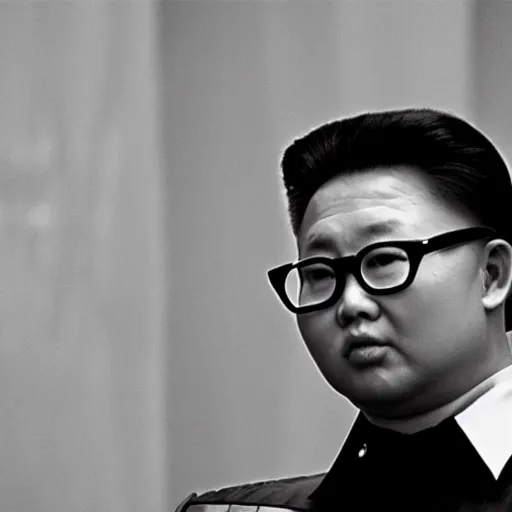 Prompt: Kim Jong-il in the role of James Bond, action filmstill, 1960s spy, Walther PPK