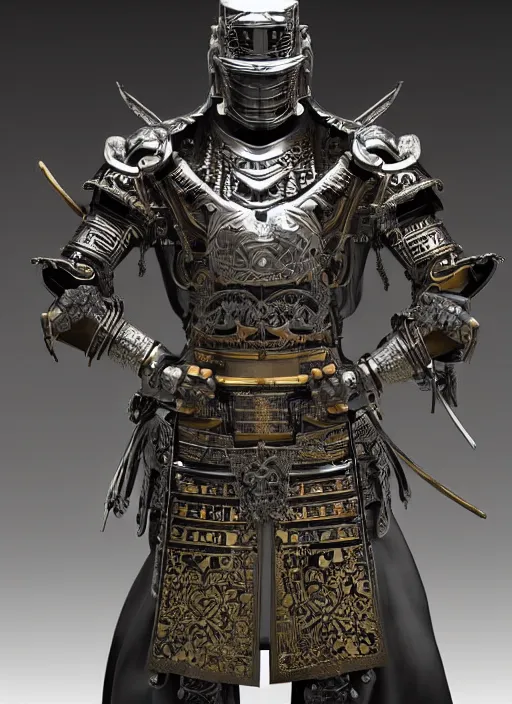 Image similar to hyper realistic glorious ancient samurai in a obsidian metal armor, futuristic design, designed by makoto kobayashi and luca zampriolo, portrait, cyberpunk style, wood and gold details, intricate, extremely detailed, ornate, deep of field, hard surface, exoskeleton, substance designer metal unreal engine. amazing likeness. very detailed.