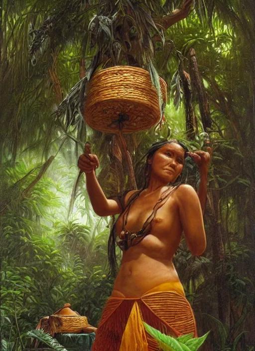 Prompt: a beautiful indigenous woman preparing plant medicines in the jungle, highly detailed, art by christophe vacher