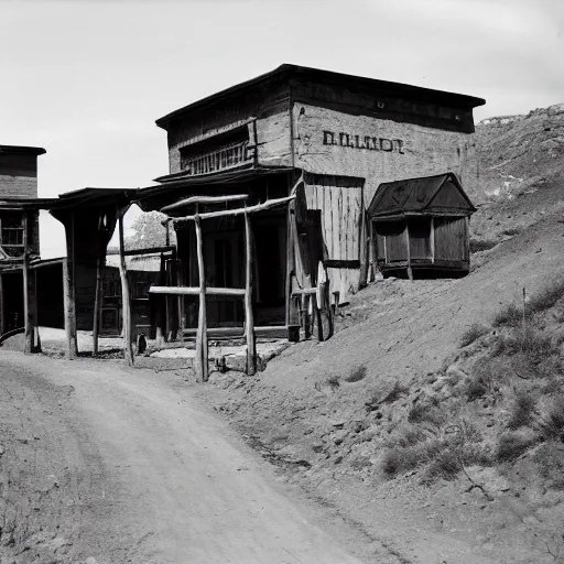 Prompt: old photograph of brutalist Wild West town