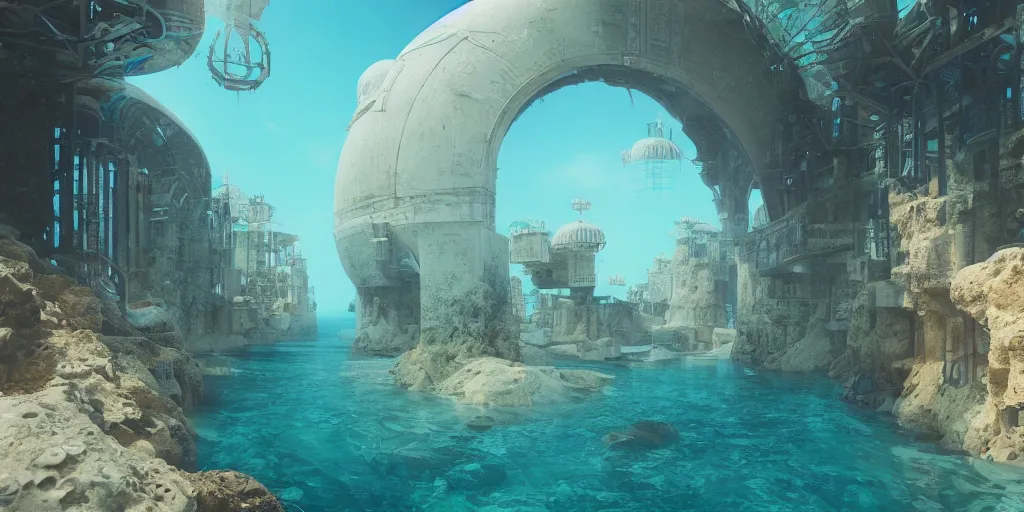 Image similar to a beautiful digital illustration of a domed underwater city by beeple | Byzantine architecture | cinematic | unreal engine | octane | photorealistic |