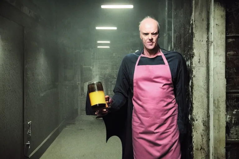 Image similar to michael keaton batman covered in beer wearing pink apron wielding an axe, chasing through old brown decrepit hallway, creepy smile, atmospheric eerie lighting, photorealistic face, dim lighting, bodycam footage, motion blur, photograph, first person shooter perspective with pistol